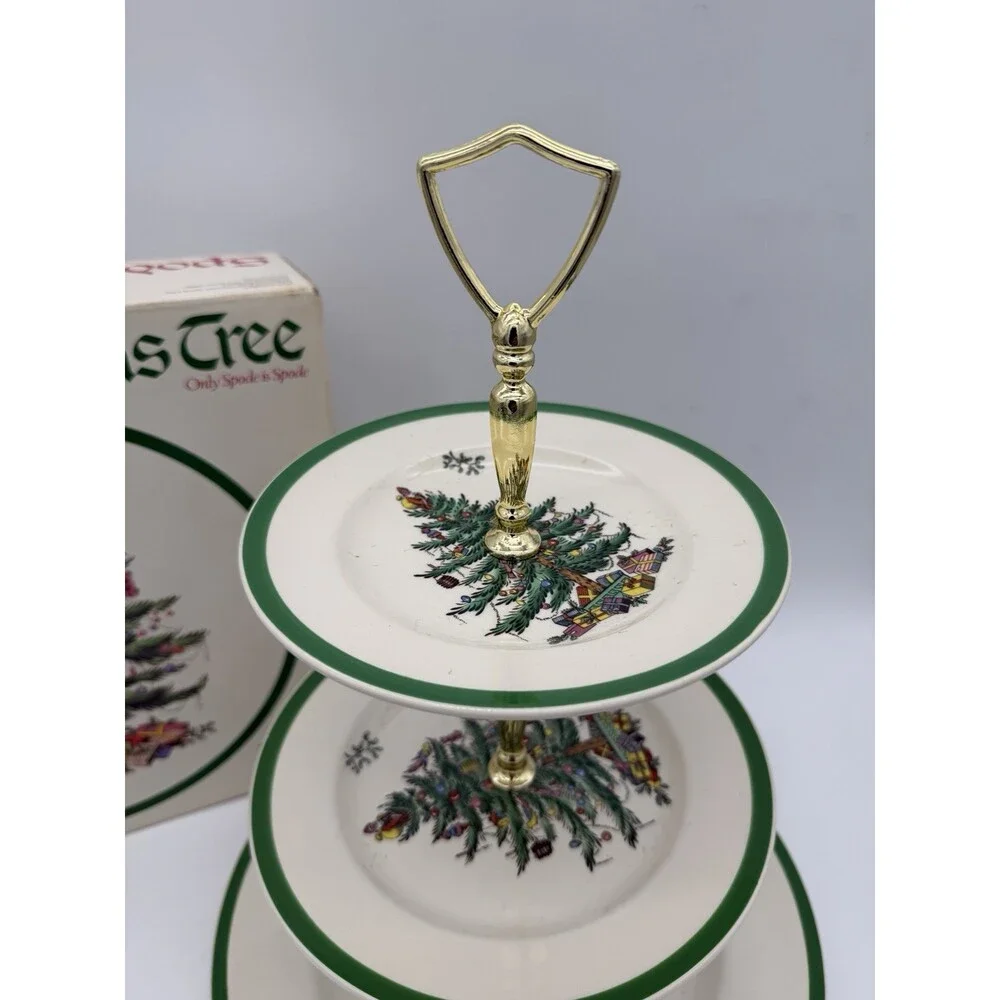 Spode Christmas Tree Triple 3 Tier Serving Tray Cookie Stand England Porcelain B